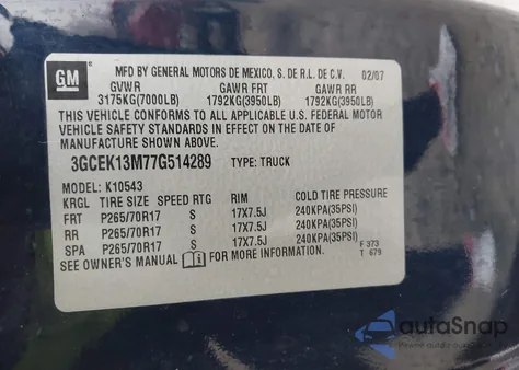 2007 Chevrolet Silverado 1500 Lt1 from USA, damaged, VIN 3GCEK13M77G514289